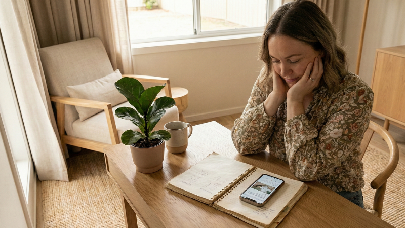 Person looking for therapy without insurance using a budget plan and phone.