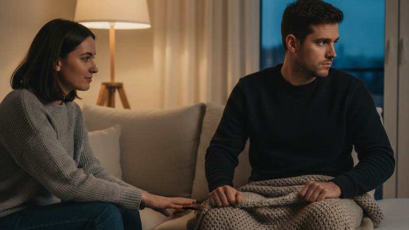 A couple on a couch with hands almost touching as one leans in and the other looks away, softly conveying the anxious-avoidant push-pull of closeness and retreat.
