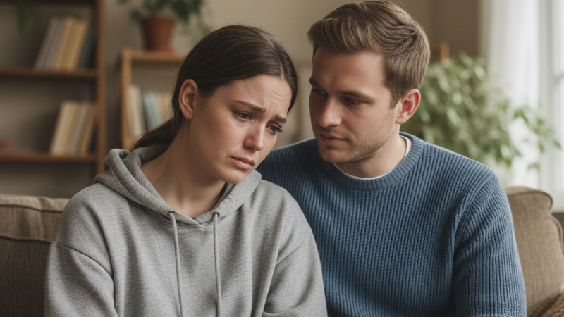 Two people sitting together and sharing a supportive conversation, with one person listening empathetically to another in a calm, welcoming environment.
