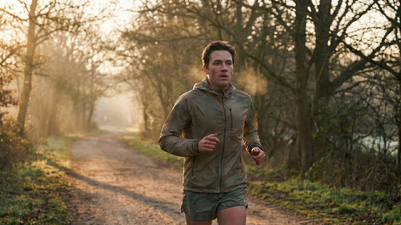 Person running on a quiet morning path with a focused, calm expression, suggesting channeling stress into healthy action instead of using automatic defense mechanisms.