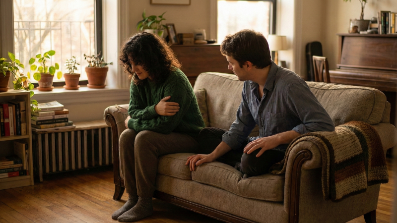 Two partners on the same couch, one turned away and guarded while the other sits open and patient, illustrating fear of intimacy and the wish to connect