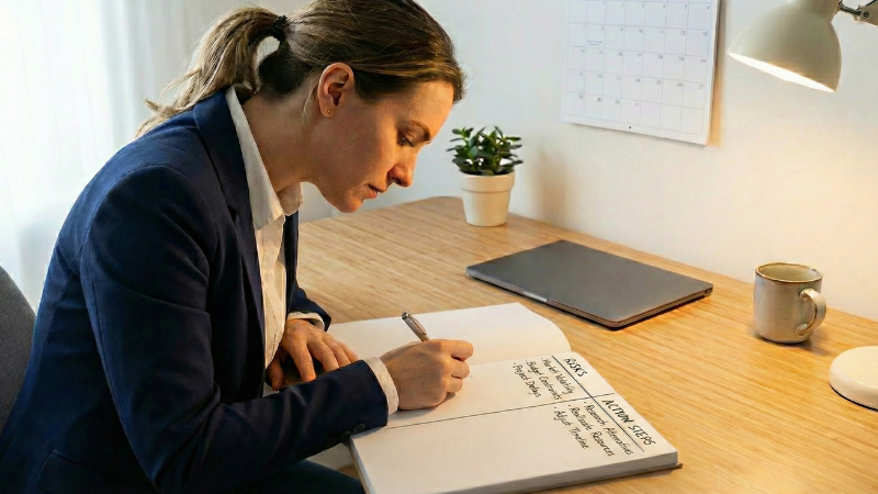 Person turning worries into a practical plan by listing risks and action steps at a tidy desk.