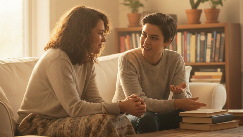 Two friends talking closely in a warm, comfortable setting, showing trust, connection, and the genuine qualities of a good friend.