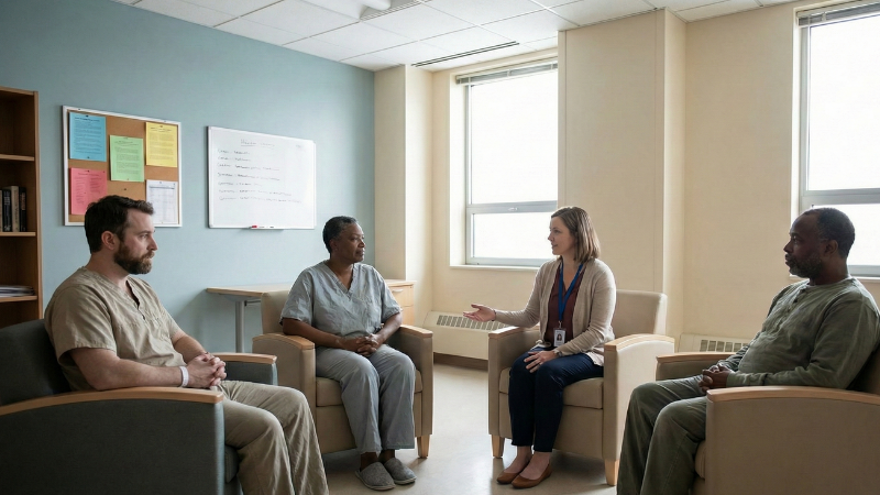 Therapeutic milieu example showing staff-guided routines and safe social interaction.