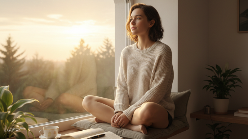 A person sitting by a sunlit window with an open journal, reflecting quietly to symbolize insight, self-awareness, and emotional understanding.