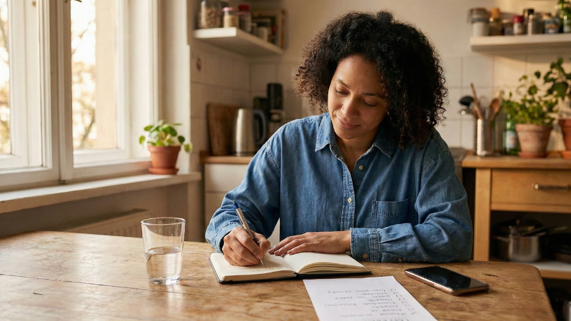 Person learning how to stop being codependent by journaling boundaries.