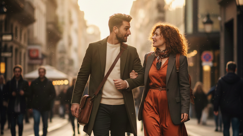Two people make warm eye contact on a sunlit city street, conveying the spark and curiosity often described as love at first sight.