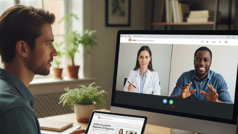 Person on a telehealth video call comparing an online psychiatrist for medication and diagnosis with an online therapist for skills-based talk therapy, notes open on their desk.