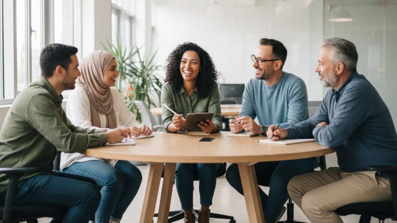Diverse coworkers in a casual team huddle discussing personality adjectives, listening and collaborating in a bright modern office