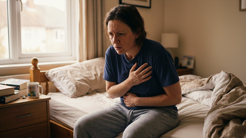 Person experiencing psychosomatic symptoms, holding their chest and stomach while sitting on a bed with a worried, tense expression in soft morning light.