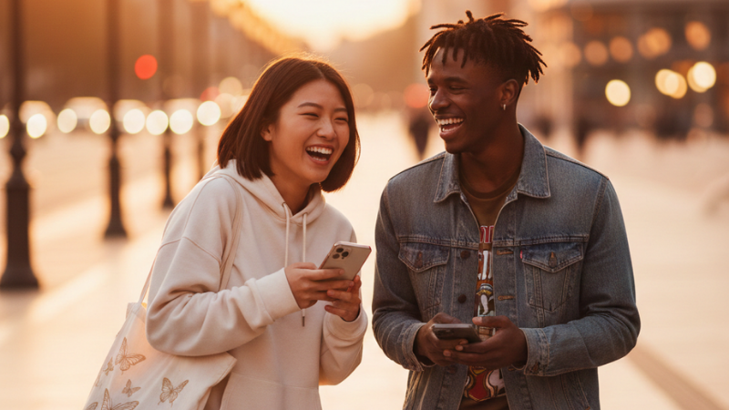 Two young adults smiling close together at sunset with phones in hand, capturing the giddy, early “puppy love” stage of a new relationship.