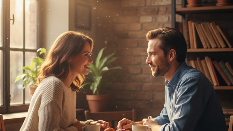 Two people having a warm, thoughtful conversation in a cozy café, symbolizing meaningful connection and emotional understanding.