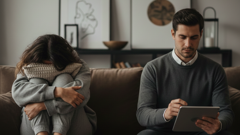 A couple sits apart on a couch, one withdrawn and the other frustrated, illustrating signs of relationship self-sabotage.
