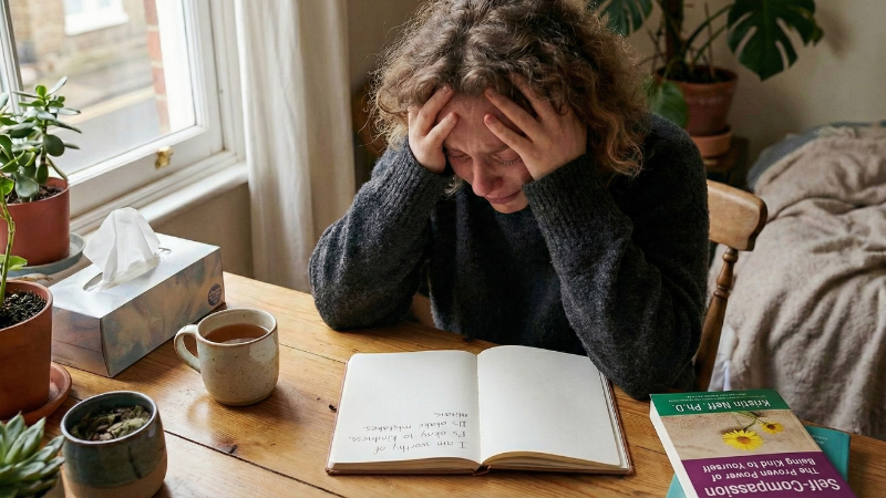 Person journaling and practicing self-compassion to break a self-loathing cycle.