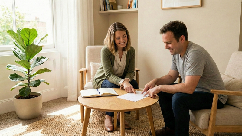 Client and therapist discussing measurable therapy goals and progress tracking.