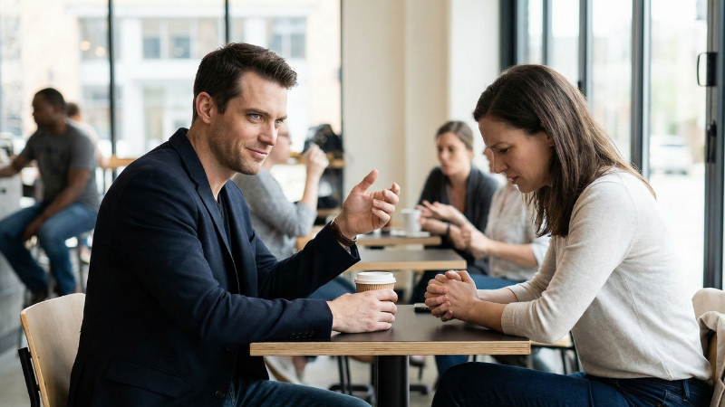 At a cafe table, a man reassures and redirects the discussion, displaying social manipulation, as the woman looks down, tense and quiet.