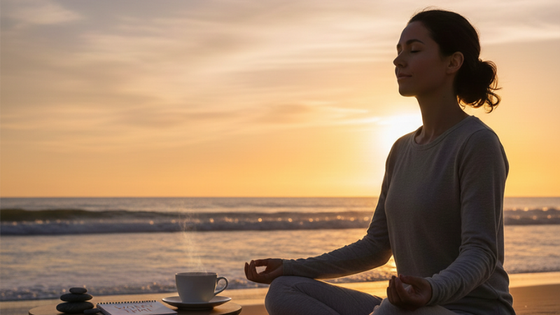 Person practicing box breathing at sunset with a ‘worry time’ notebook, tea, and phone face-down, conveying calm focus and healthy coping with worry