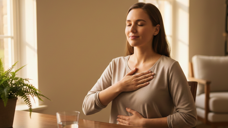 A person sits by a bright window with hands on chest and belly, practicing slow breathing at a tidy desk to manage stress in a calm, minimal setting.