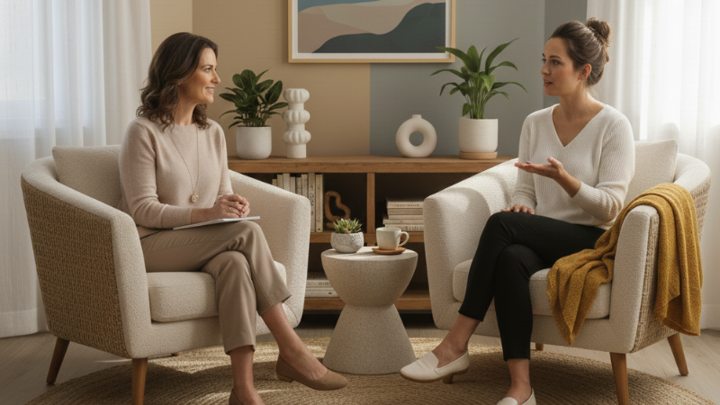 A therapist listening attentively to a client in a calm, comfortable therapy room, symbolizing emotional support and professional mental health care.