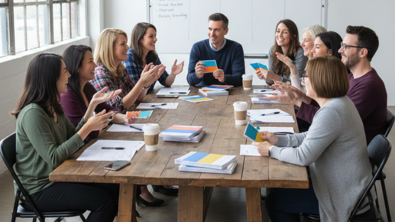 Group of people discussing their True Colors personality test results at the workplace