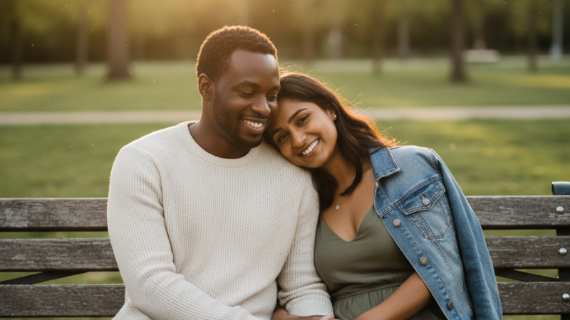 A couple sitting together on a park bench at sunset, holding hands and smiling warmly to symbolize trust, emotional safety, and the calm feeling of true love.